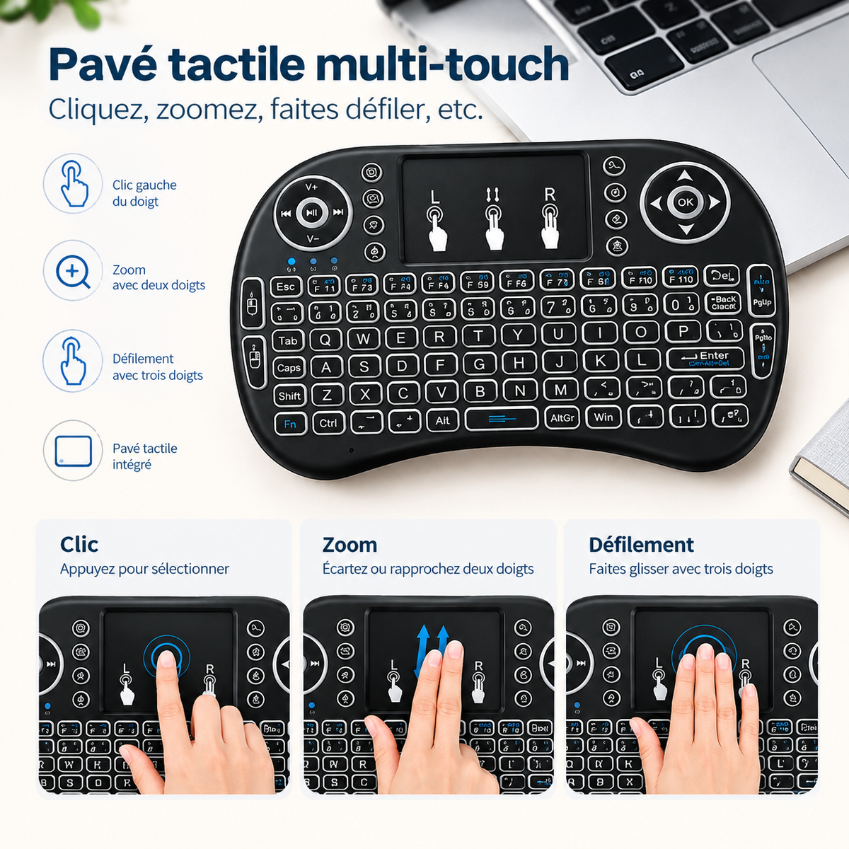 Mini Clavier Sans Fil avec Souris Intégrée – Compact & Universel