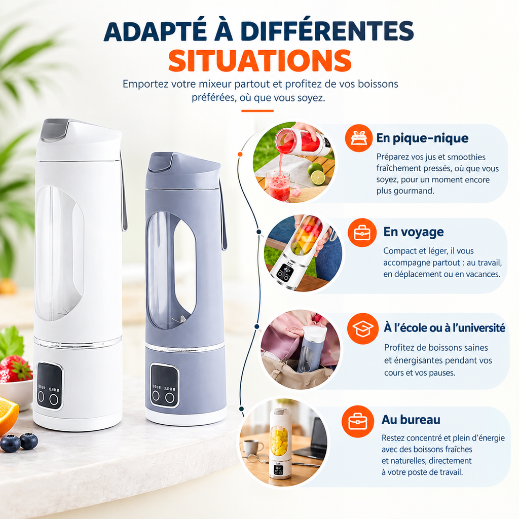 Mini Blender Portable Rechargeable – 2026 Amélioré & Facile à Nettoyer – Smoothies, Jus & Shakes